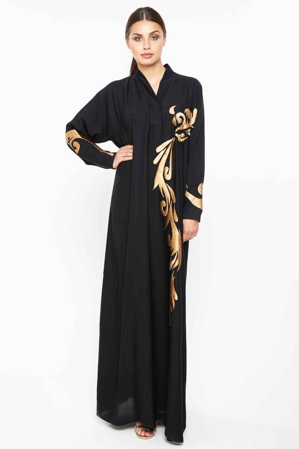 Golden Floral Embroidered Abaya AJ674A with Matching Sheila - Image 1