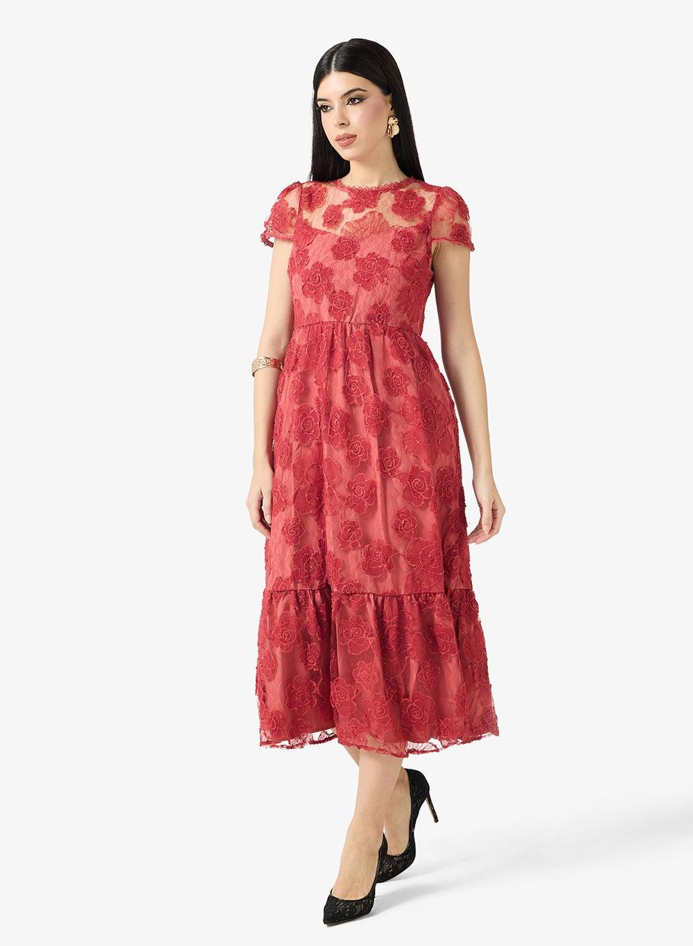 Red Floral Lace Tiered Midi Dress - Image 1