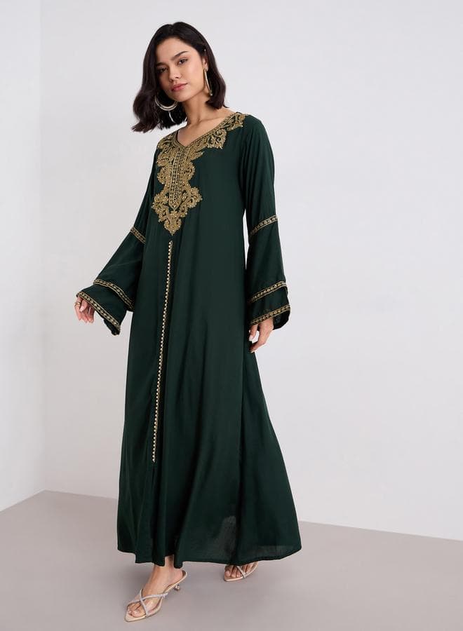 Layered Flare Sleeve Jalabiya with Thread Embroidery - Image 1