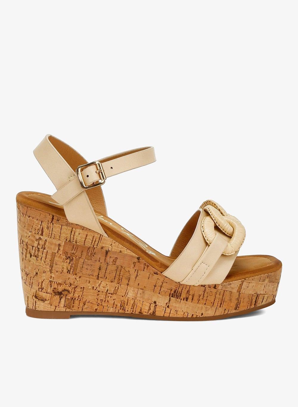 Beige Cushion Chain Pin Buckle Wedge Sandals - Image 1