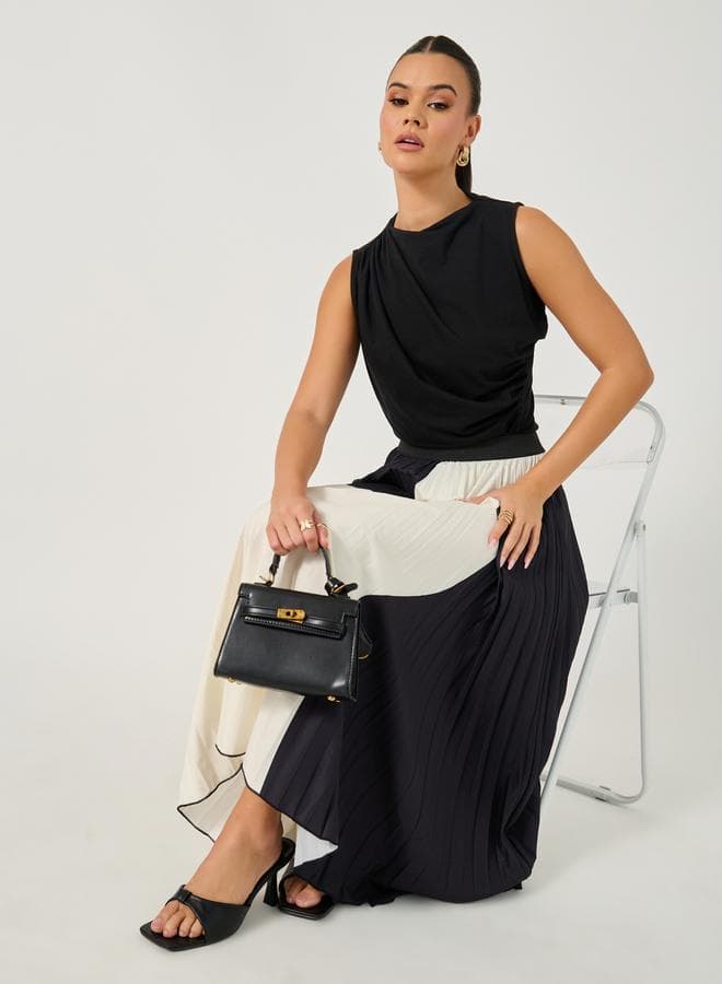 Pleated Color Block A-Line Midi Skirt - Image 1