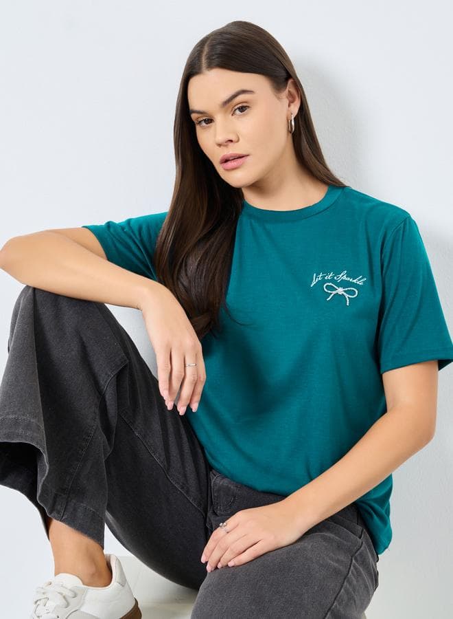 Styli Dark Green Slogan Print Bow T-Shirt - Image 1