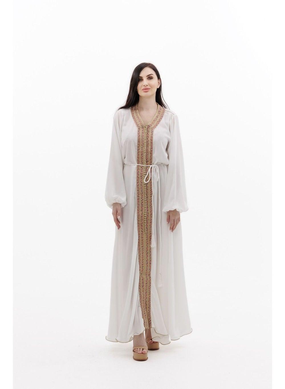 White Polyester Arabic Jalabiya Dress with Thin Belt - Image 1