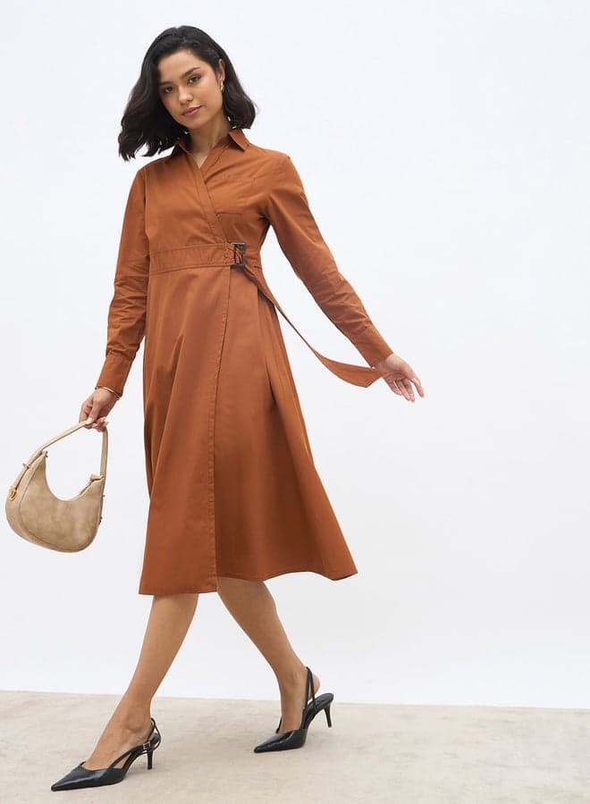 Women Brown Solid Wrap Midi Dress with Belt Detail - Image 1