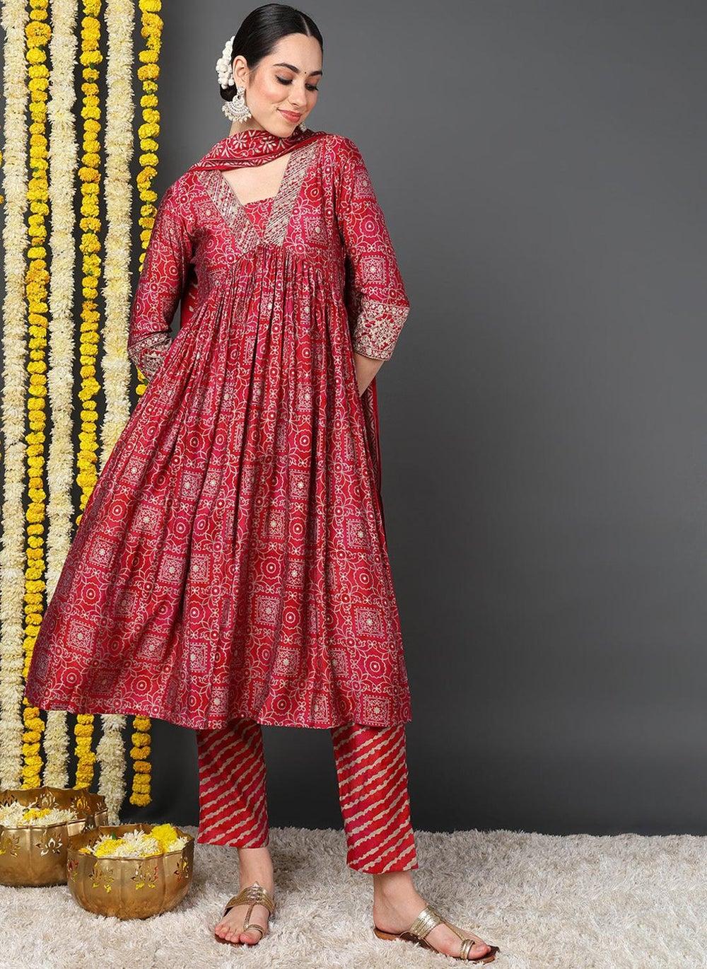 Maroon Ethnic Motifs Printed Flared Kurta Set With Dupatta - Image 1