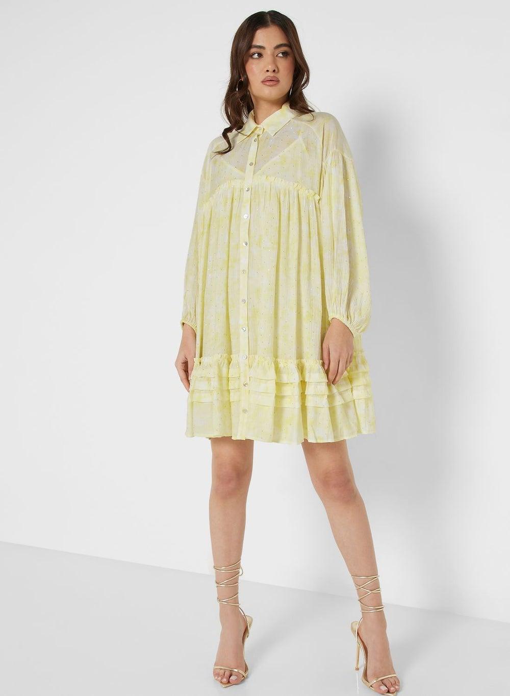 Light Yellow Ruffled Mini Dress with Balloon Sleeves - Image 1
