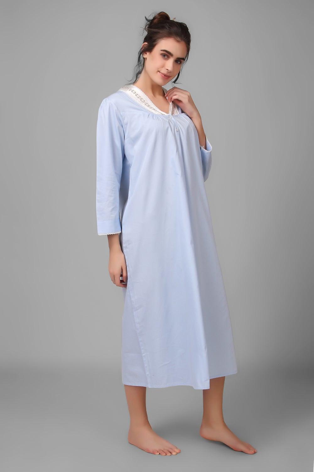 Anne Blue Nightdress with Embroidery and Lace - Image 1
