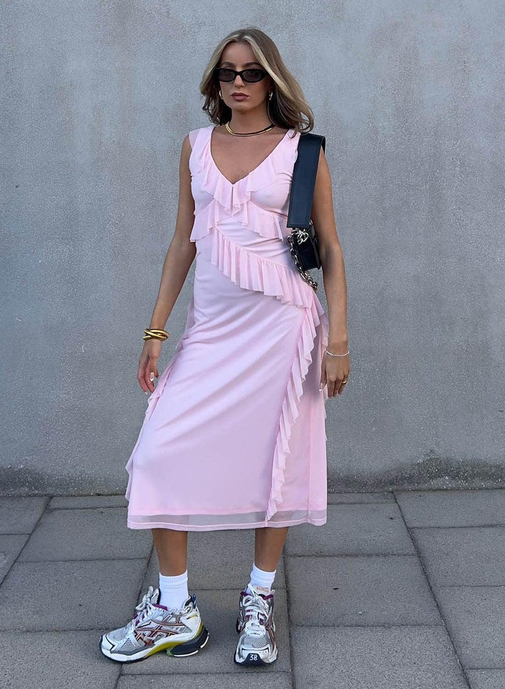 Baby Pink Ruffled Midi Dress - Image 1