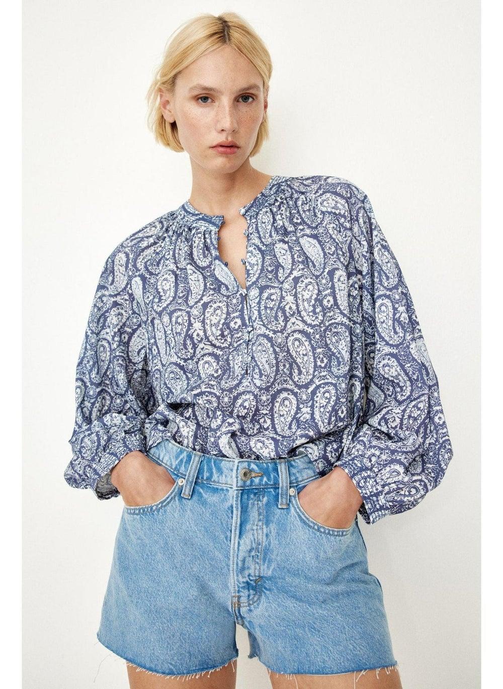 Band-collar oversized blouse with balloon sleeves - Image 1