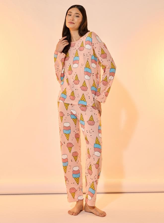 All Over Ice Cream Print Long Sleeve Pyjama Set - Image 1