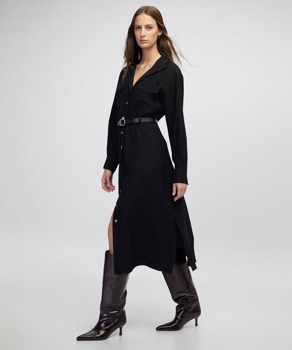 Flared Fit Belted Shirt Dress with High Collar - Image 1