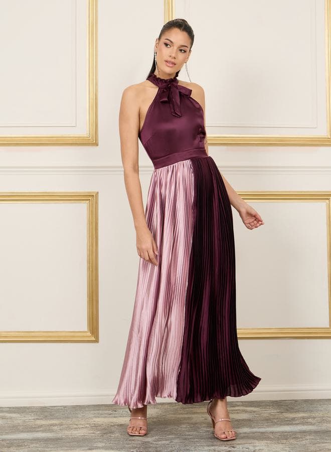 Styli Colorblock Pleated Halter Neck Maxi Dress - Image 1