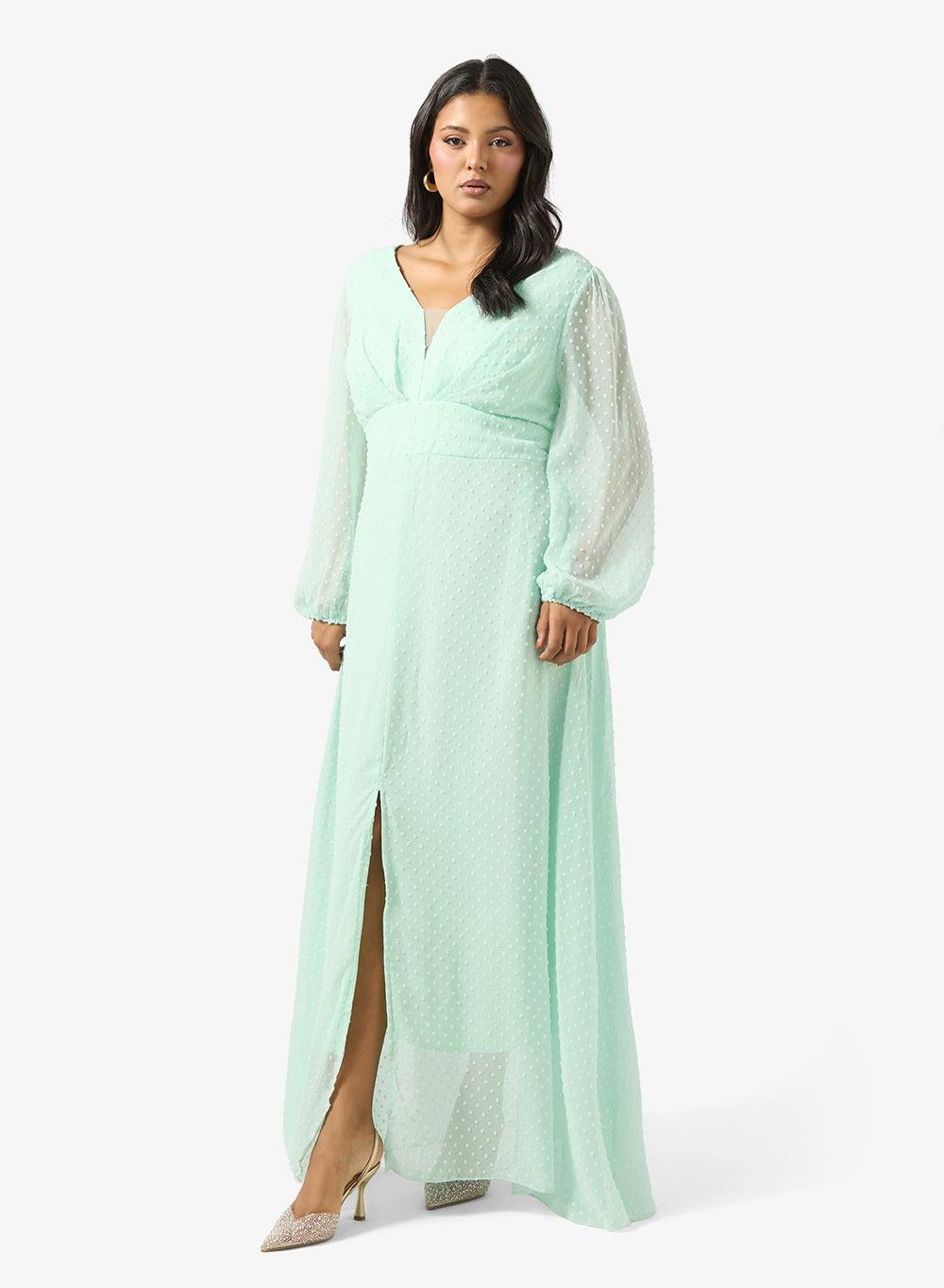 Puff Sleeve A-Line Maxi Dress With Slit - Image 1