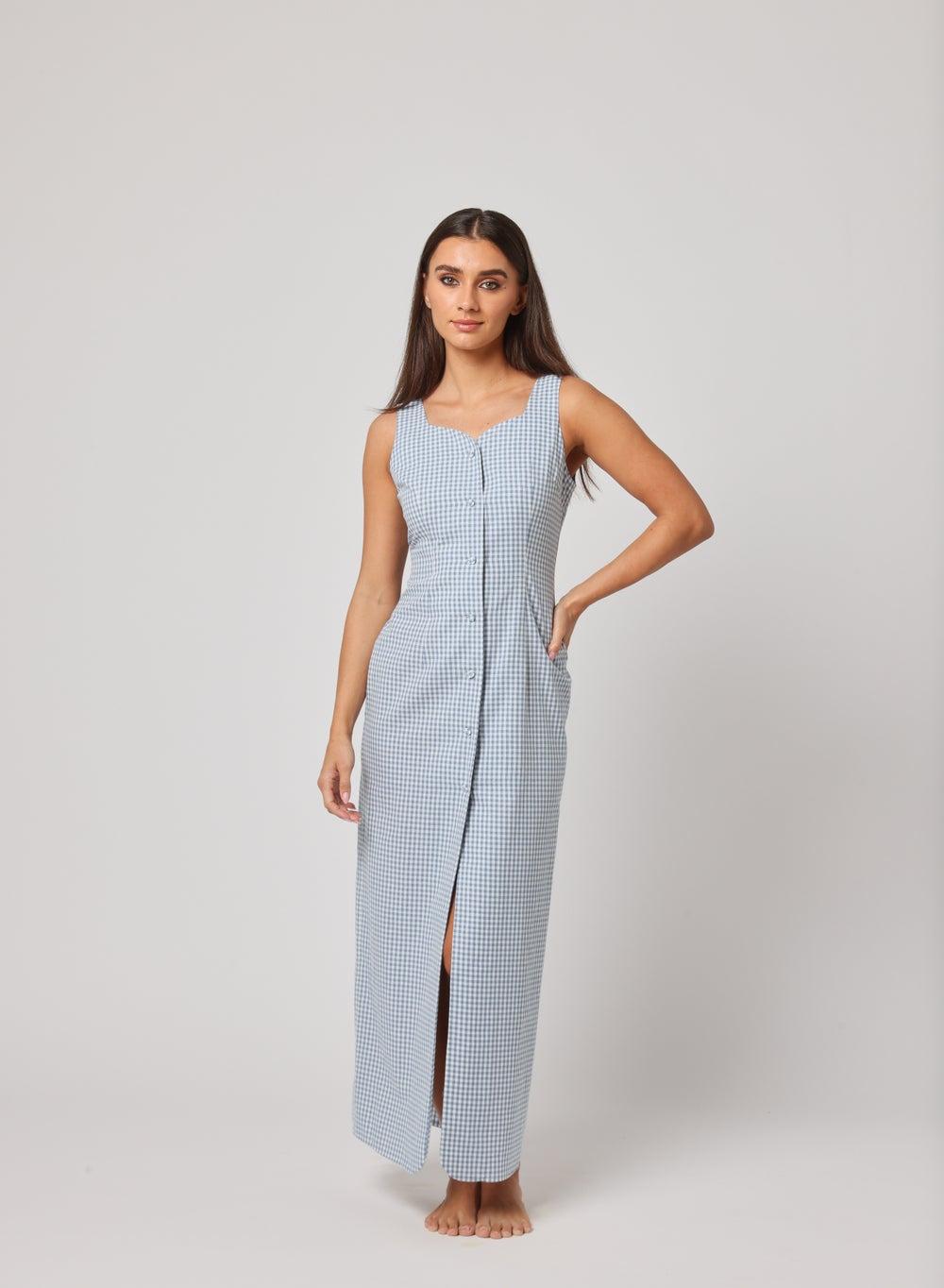 Blue Gingham Sleeveless Maxi Dress with Button-Down Detail - Image 1