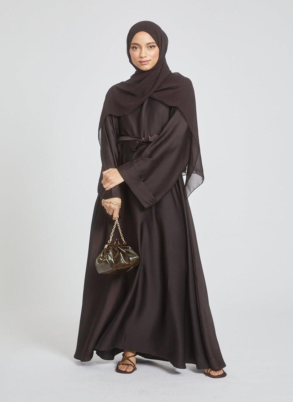 Elegant Chocolate Plain Abaya with Belt and Hijab AB57 - Image 1