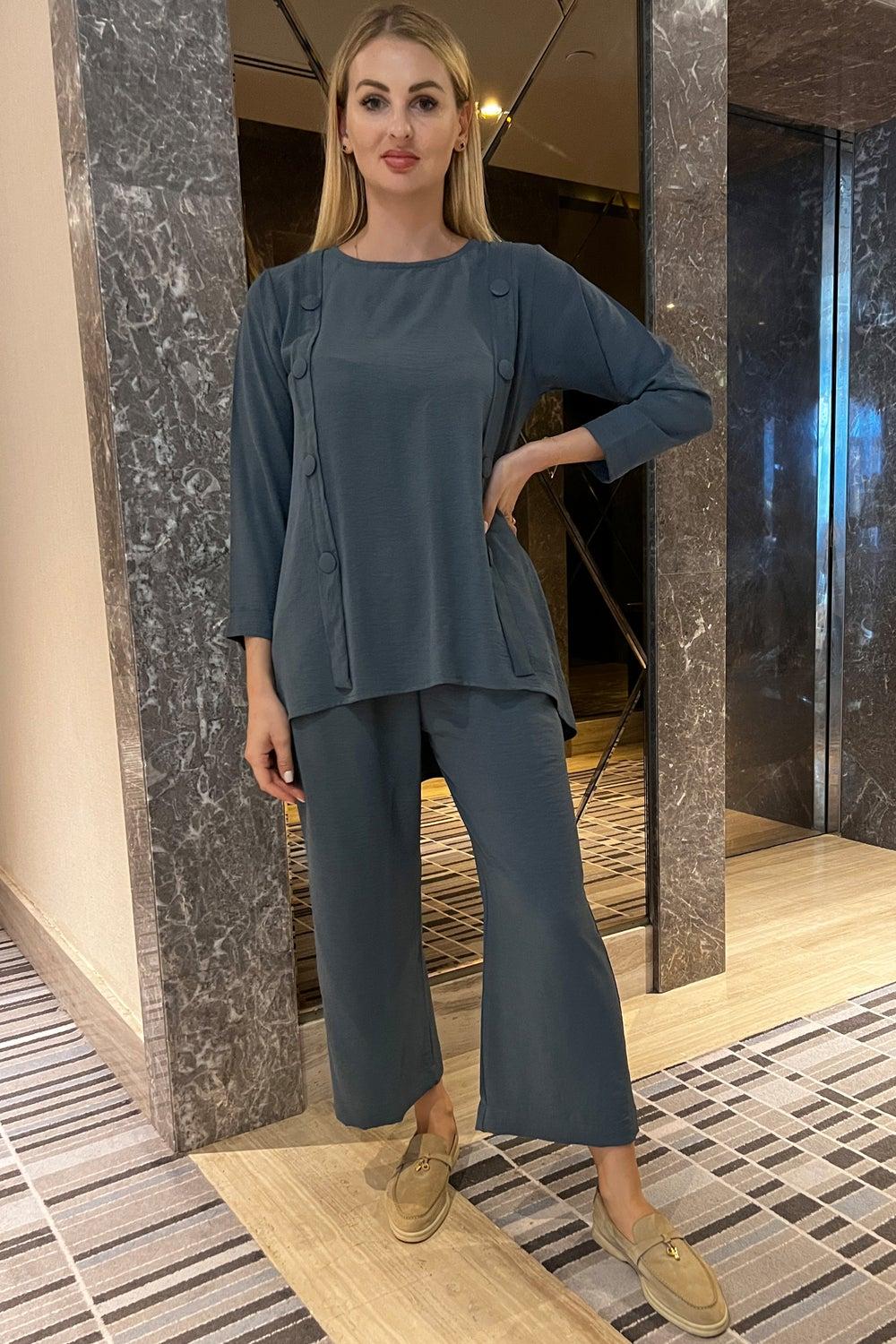 Crew Neck Button Detailed Two-Piece Set - Image 1