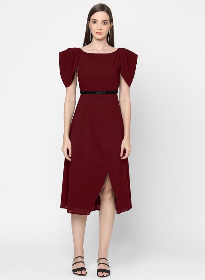 Maroon Tulip Midi Dress with Black Belt - Image 1