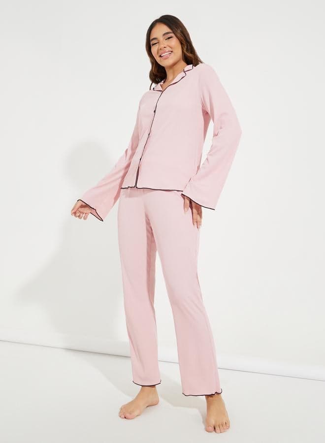 Contrast Binding Lettuce Trim Shirt & Pyjama Set - Image 1