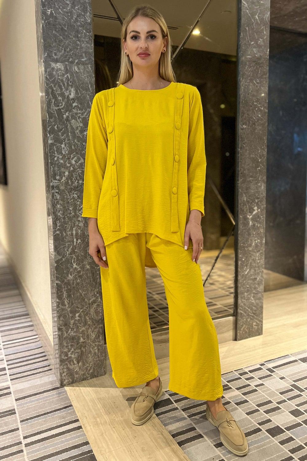 Crew Neck Button-Detailed Top and Pants Set - Image 1
