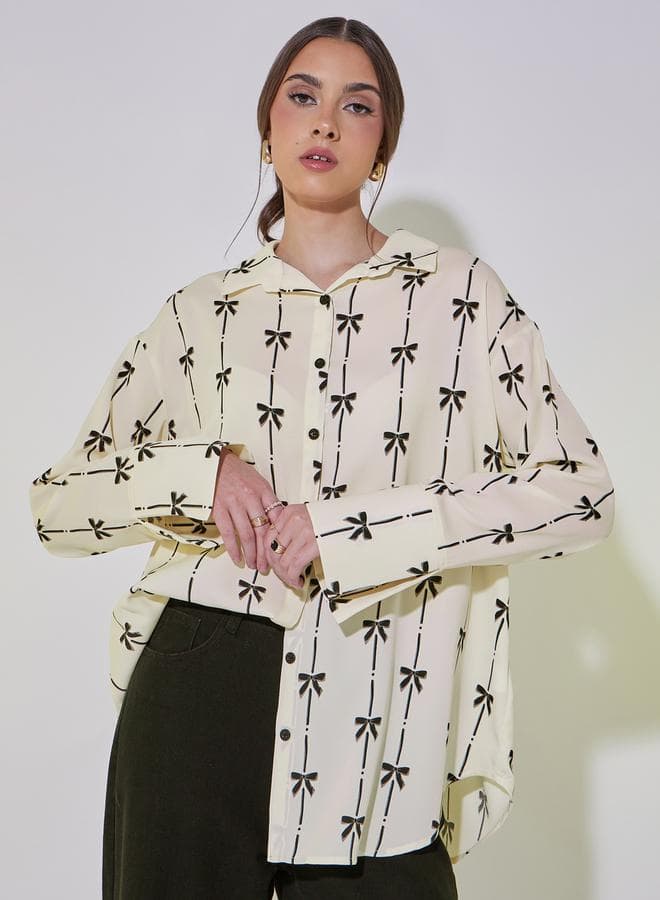 Bow Print Oversized Button-Down Shirt - Image 1