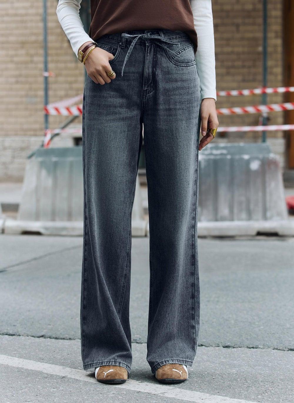 Loose Distressed Jeans with Tonal Waist Ties - Image 1