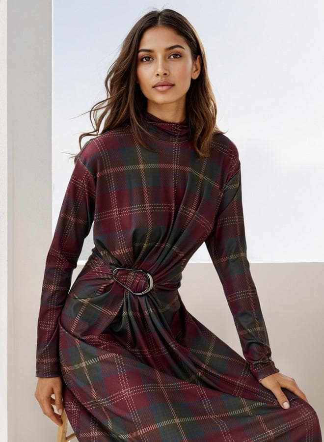 Iconic Checked High Neck Draped Midi Dress - Image 1