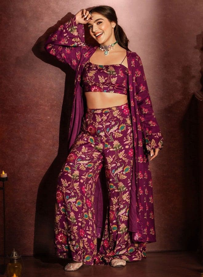 Purple Rayon Embellished Cropped Palazzo Co-Ord Set - Image 1
