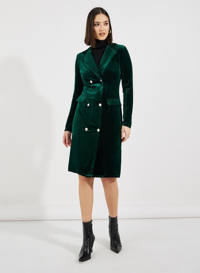 Green Velvet Blazer Dress with Silver Buttons - Image 1
