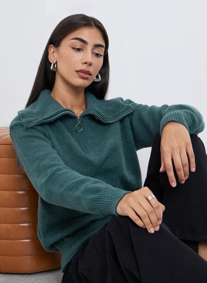 Styli Dark Green Half-Zip Knit Sweater - Image 1
