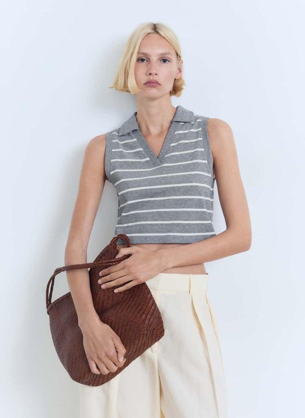 Striped Cropped Polo Shirt - Image 1