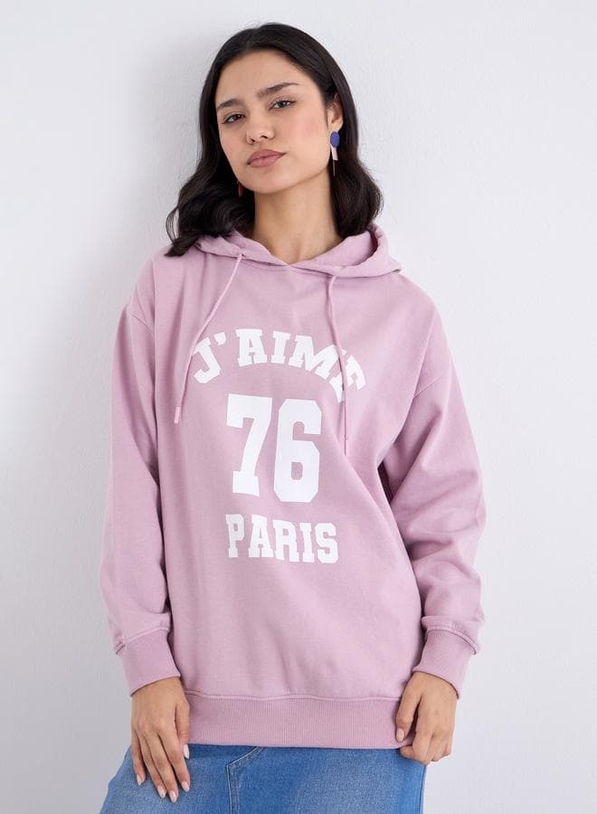 Styli Pink Longline Graphic Print Hoodie - Image 1