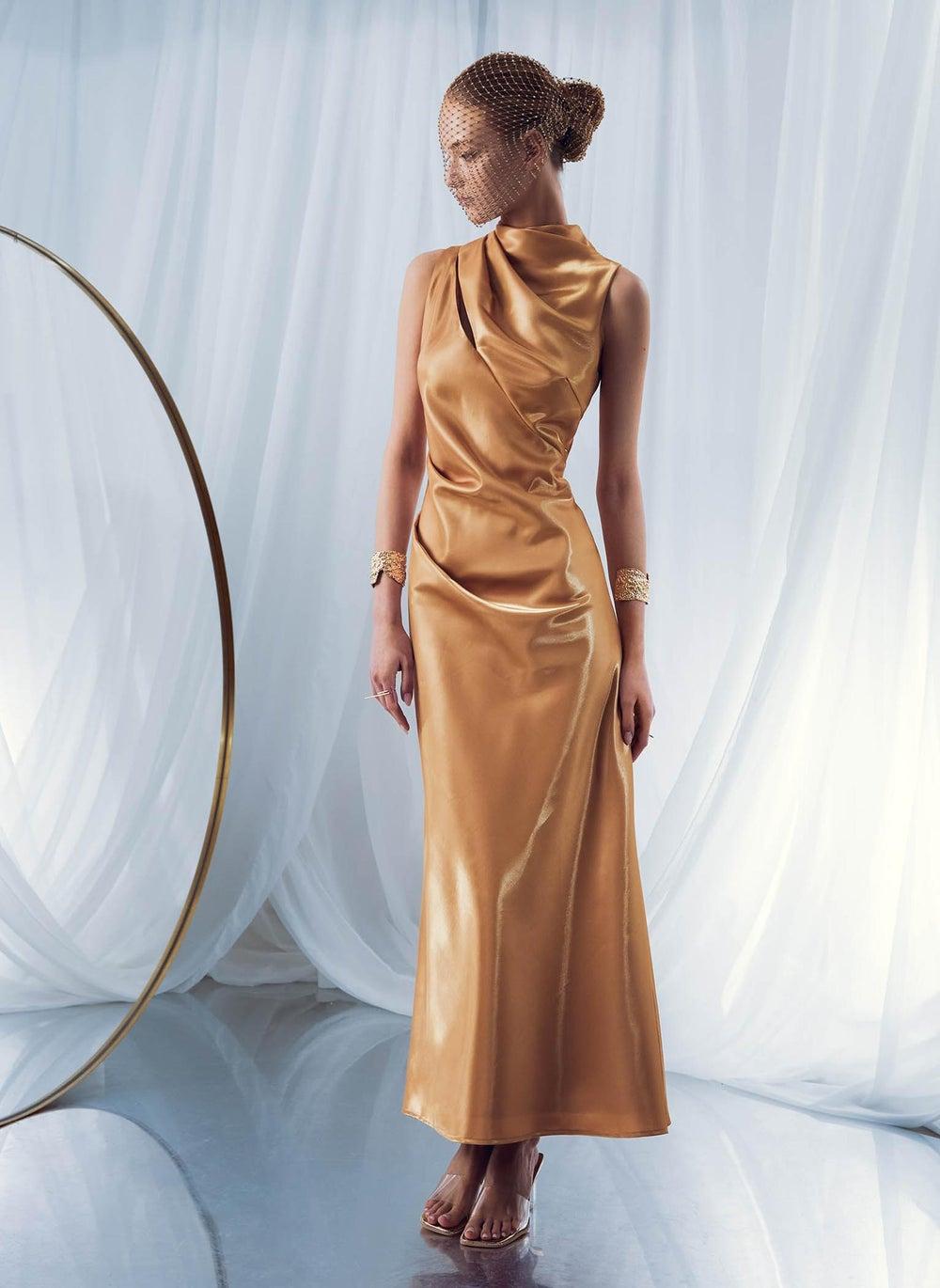 Glossy Asymmetrical Maxi Dress with Draped Shoulder Detail - Image 1