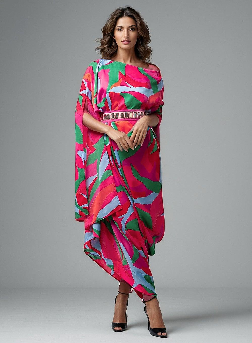 Multicolor Print Maxi Dress Set with Mirror Belt - Image 1