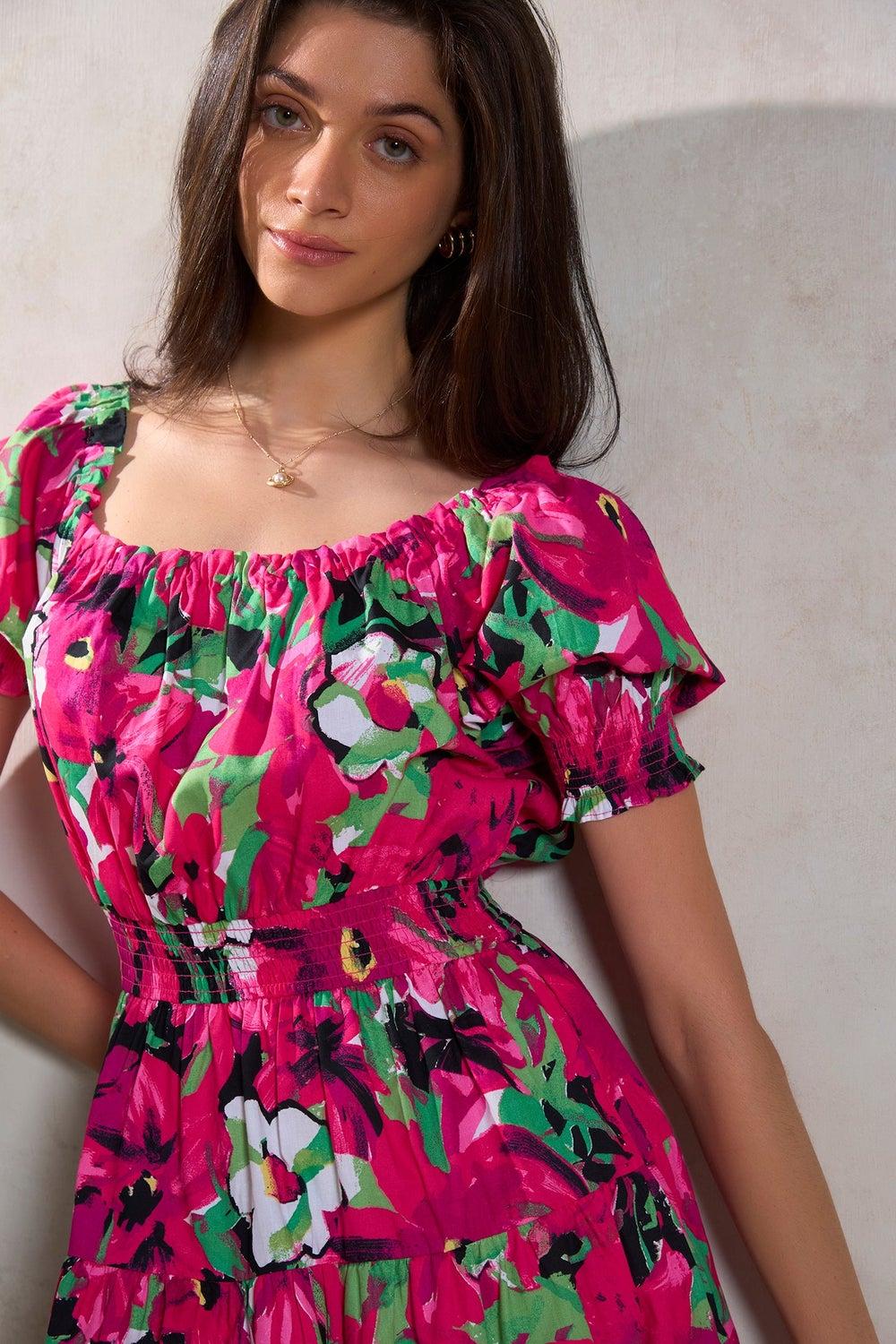 Floral Smocked Midi Dress with Square Neckline - Image 1