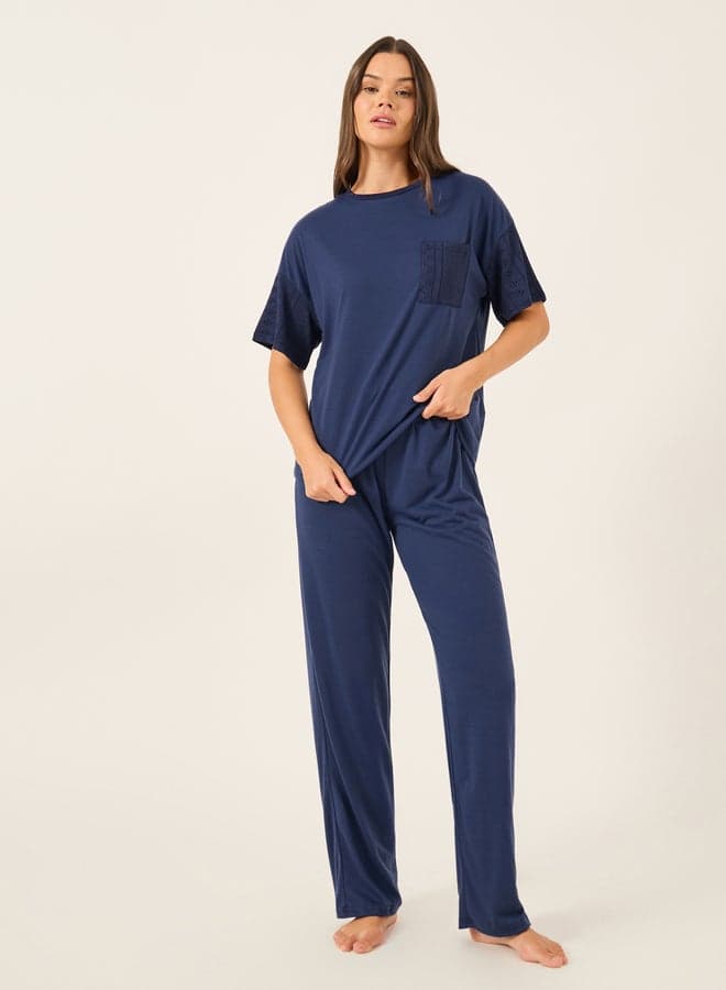 Schiffli Sleeve Round Neck Pyjama Set - Image 1