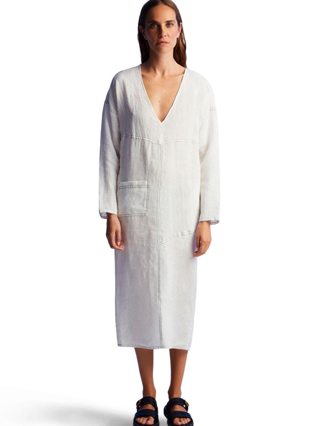 Long Sleeve Linen Midi Dress with V-Neck - Image 1