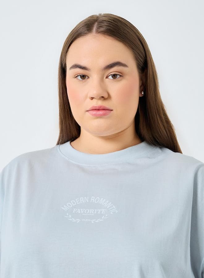 Styli Plus Size Blue Slogan Print T-Shirt - Image 1