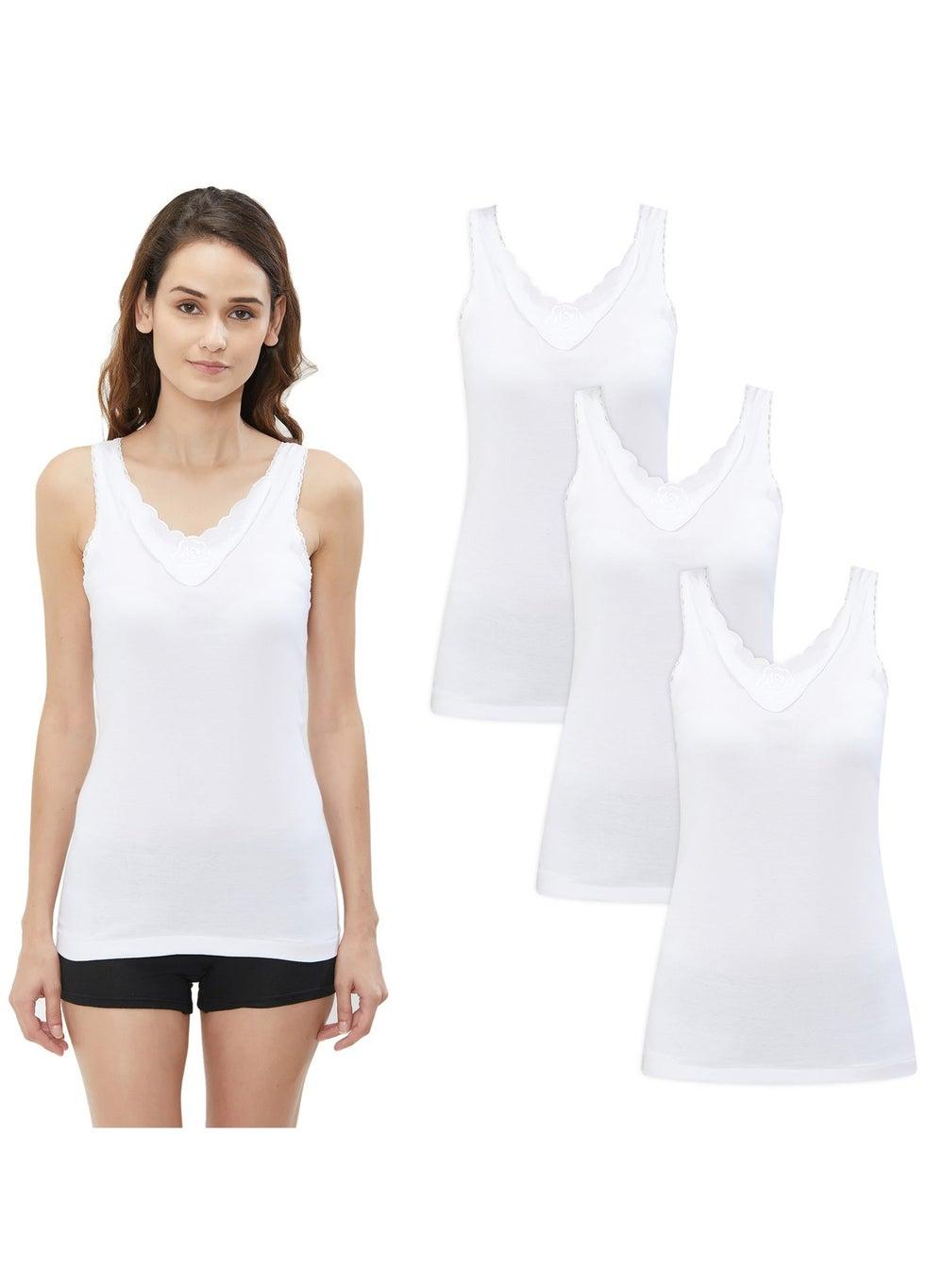 Women's Cotton Lace Vest Pack of 3, White - Image 1