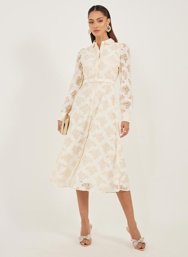 Lace Flared Hem Floral A-Line Midi Dress - Image 1