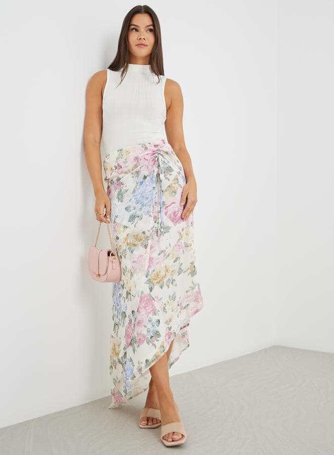 Floral Print Side Ruched Asymmetric Hem Maxi Skirt - Image 1