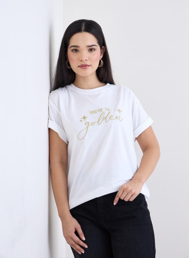 Styli White Lurex Embroidered Boxy T-Shirt - Image 1