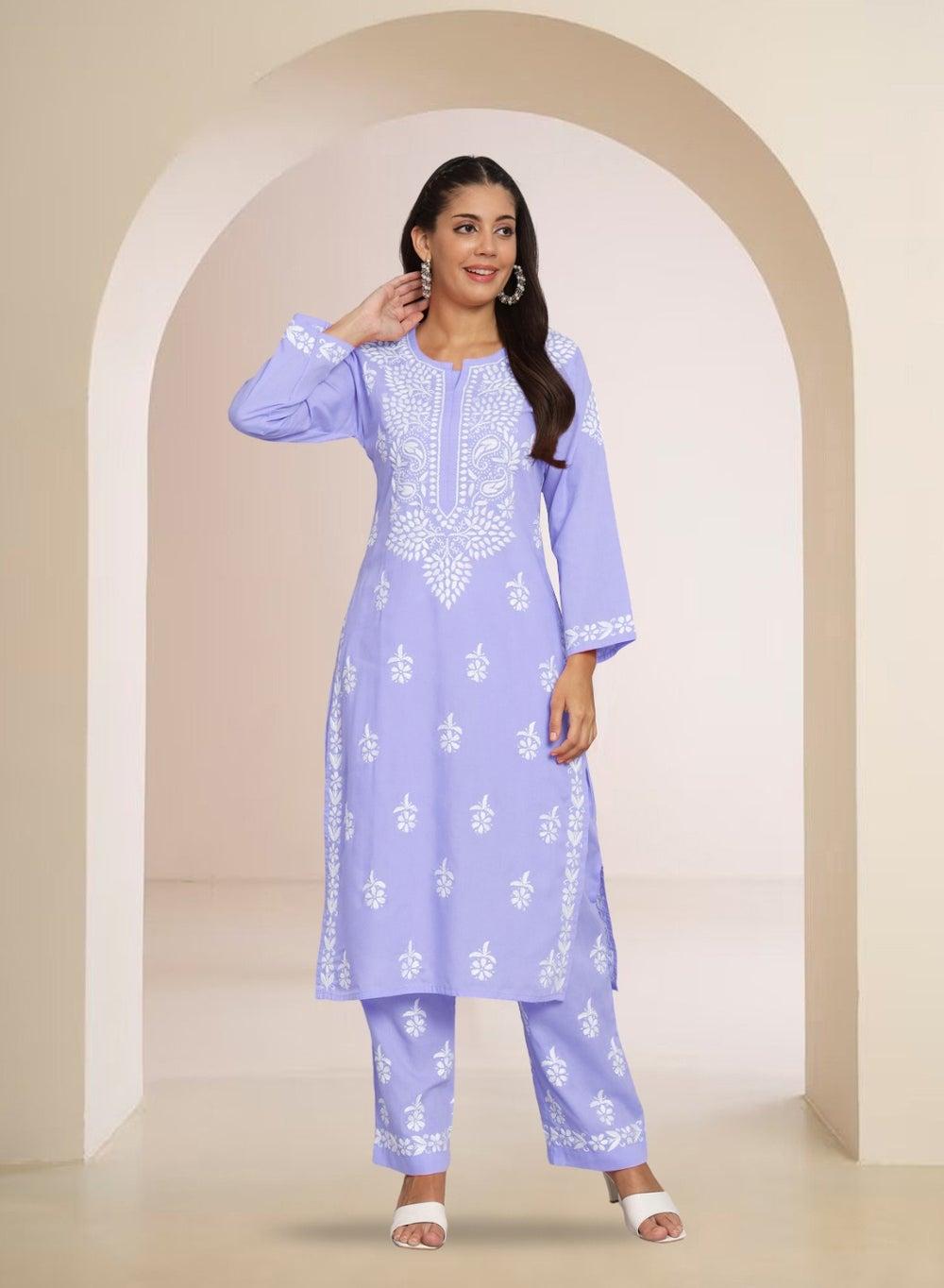 Hand Embroidered Chikankari Cotton Kurta Set AL3674KS - Image 1