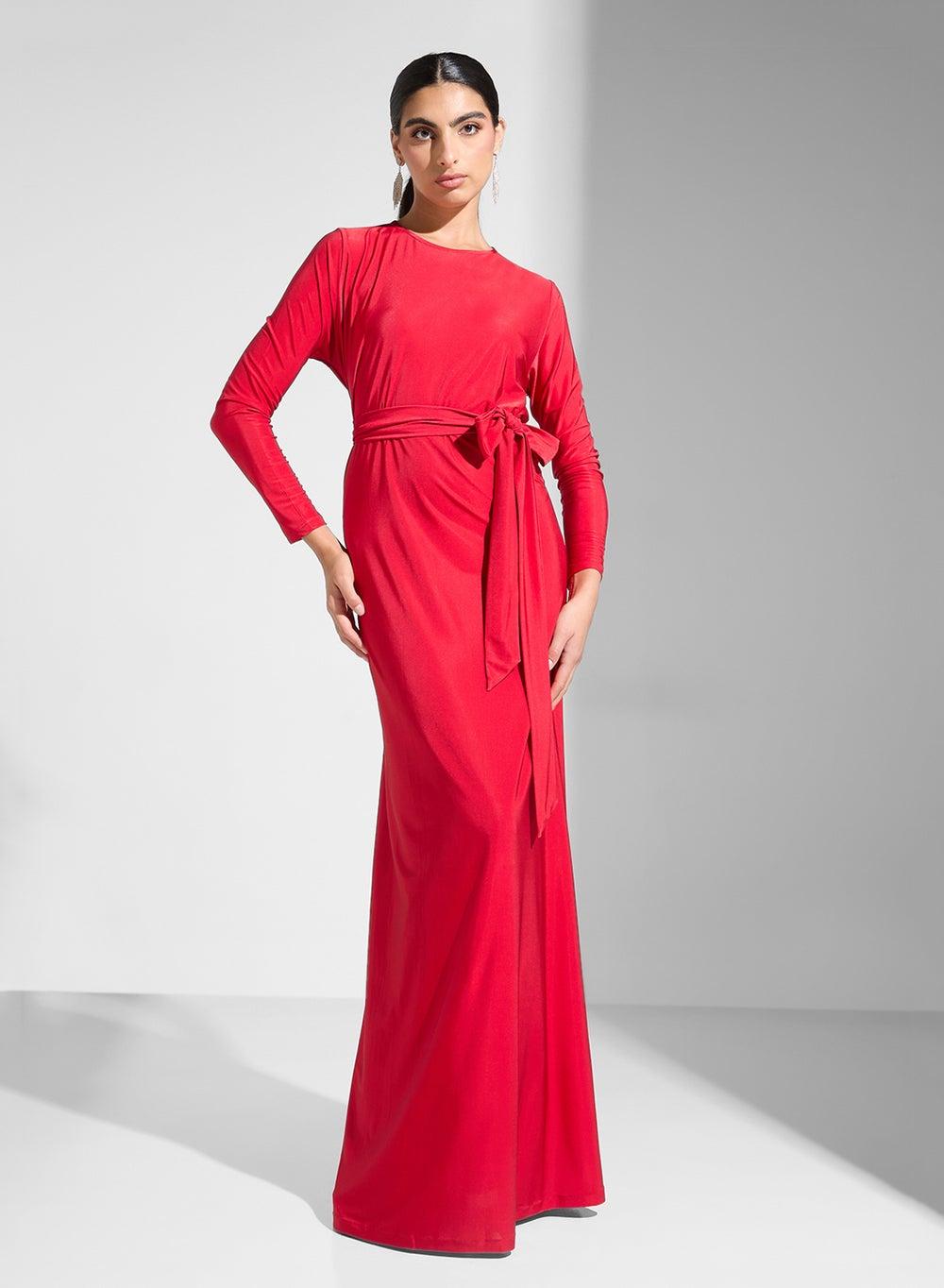 Red Belted Maxi Dress with Long Sleeves - Image 1