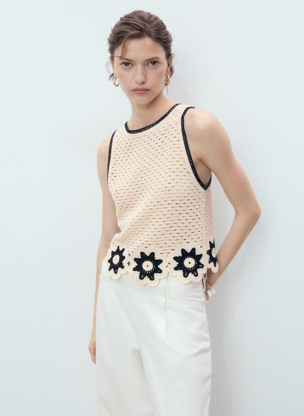 Crochet Floral-Finish Sleeveless Top - Image 1
