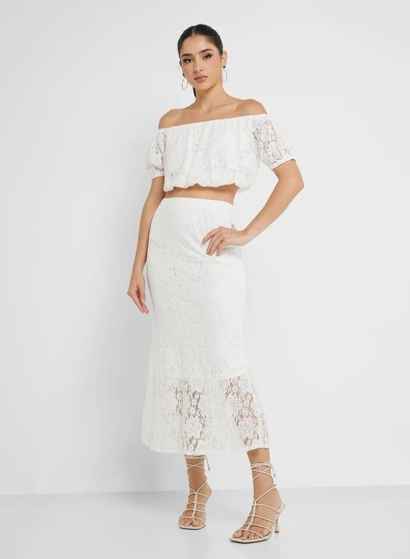 Off Shoulder Lace Detail Top & Skirt Coord Set - Image 1