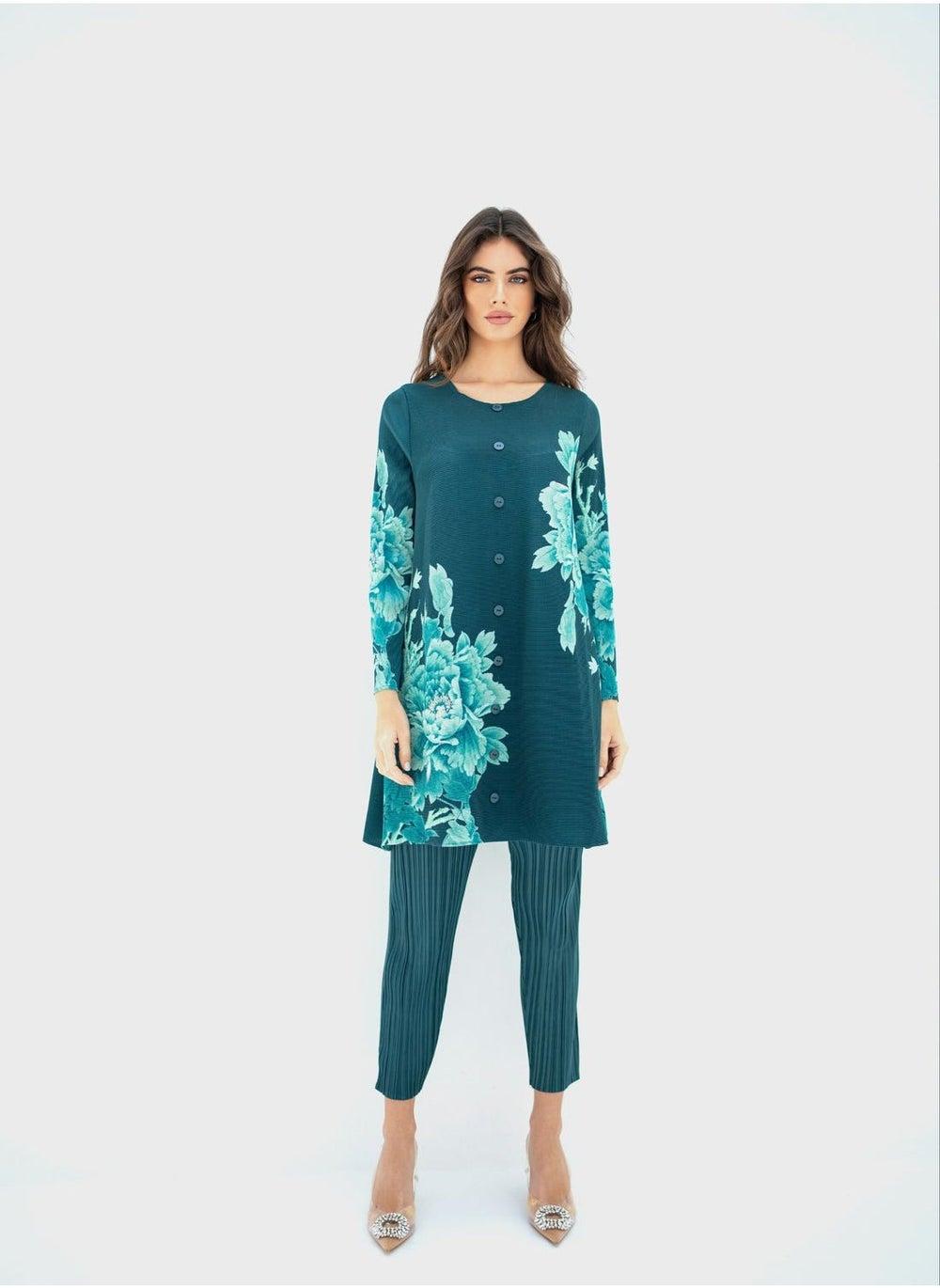 Floral Print Button Down Shirt and High Waist Pants Set - Image 1