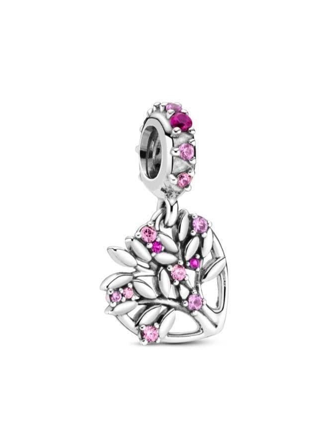 Pink Heart Family Tree Sterling Silver Dangle Charm - Image 1