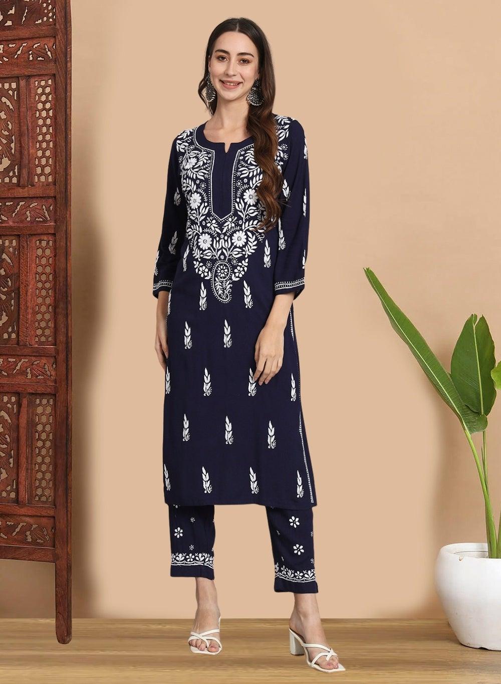 Women Hand Embroidered Chikankari Cotton Kurta Set AL3451KS - Image 1
