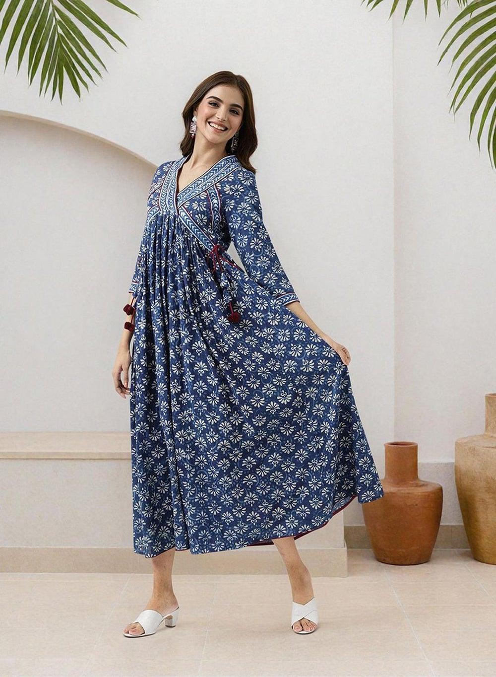 Women's Indigo Cotton Embellished Midi Smock Dress - Image 1
