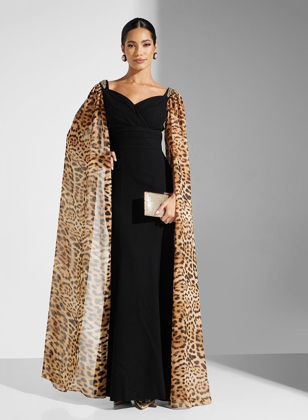 Black Evening Maxi Dress with Leopard Print Cape - Image 1